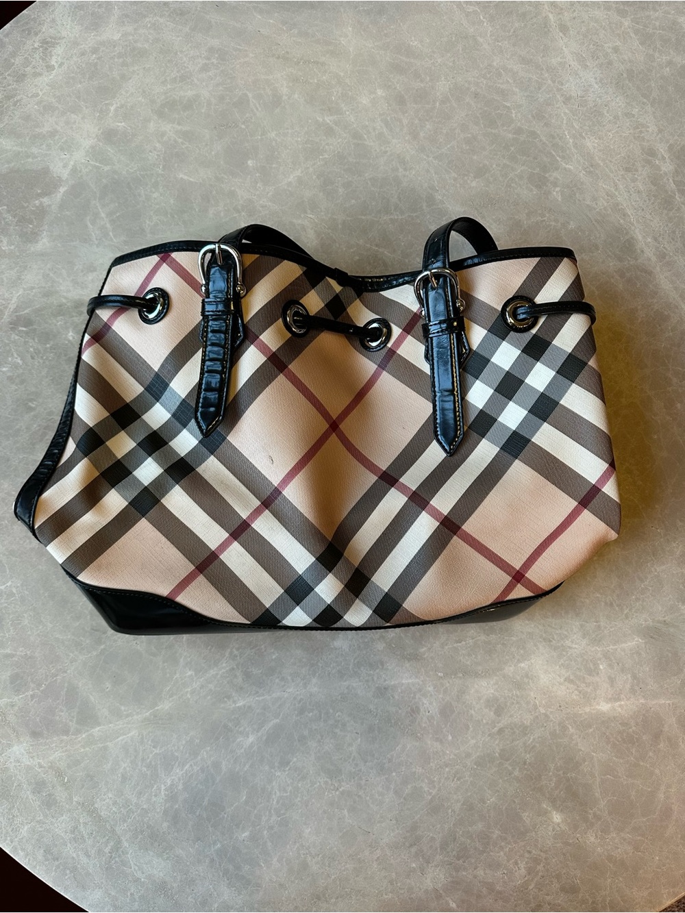 Burberry Beige Plaid Tote with Black Trim